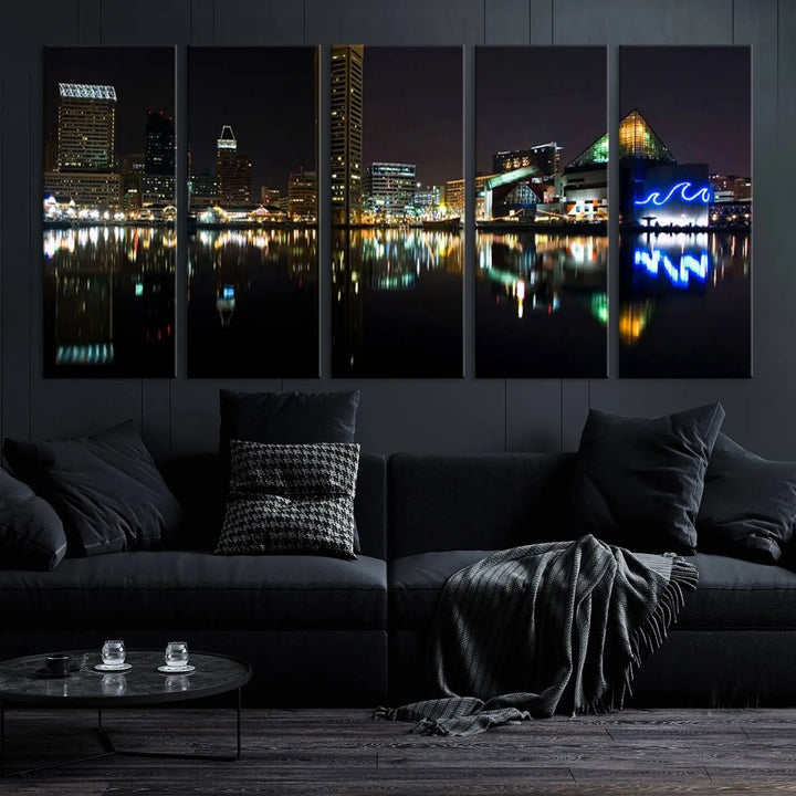 A triptych artwork, the "Baltimore City Night Skyline Cityscape View Wall Art Canvas Print," adorns the space. Crafted on museum-quality canvases, this piece exudes elegance and sophistication, transforming your space with the charm that only professional craftsmanship can bring.