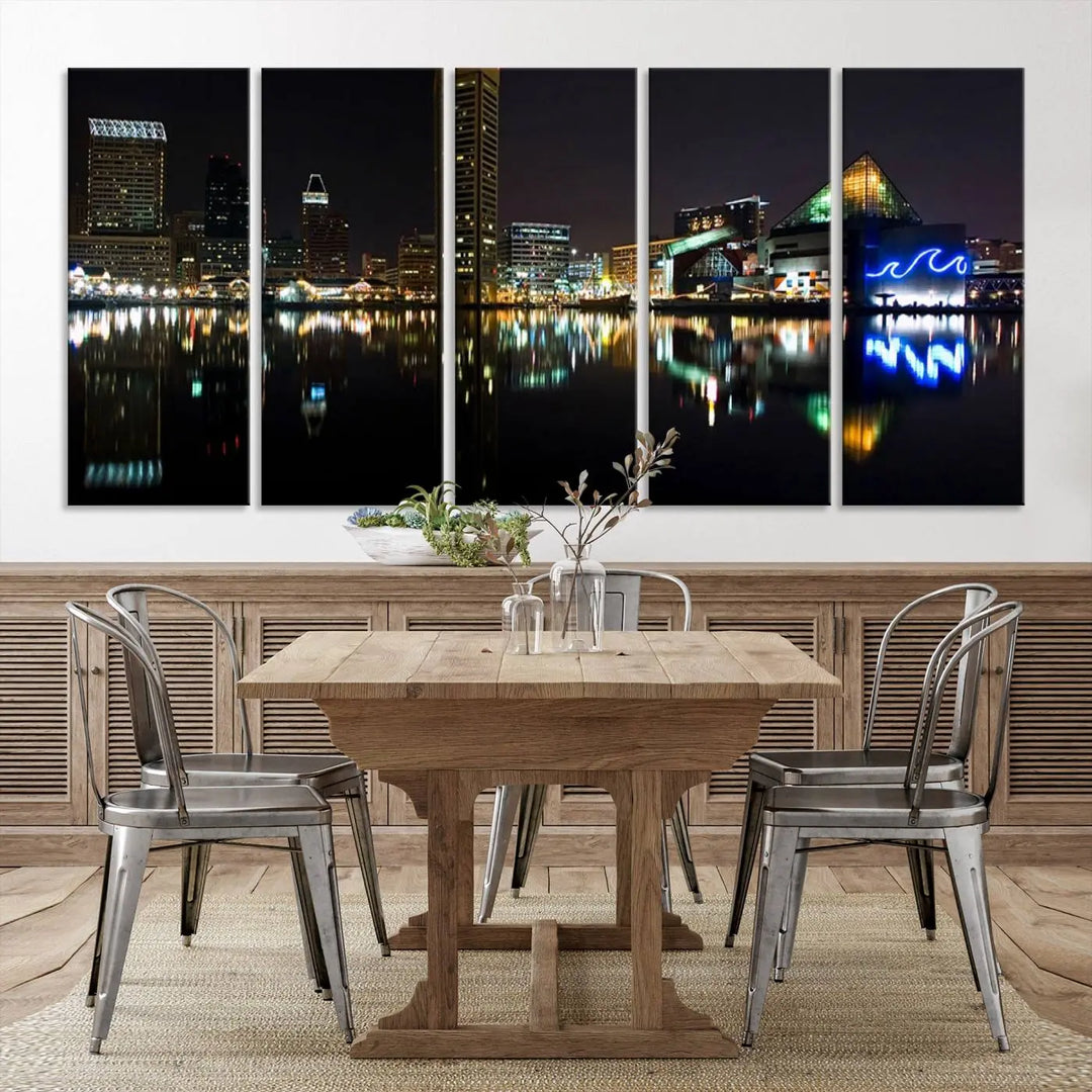 A triptych artwork, the "Baltimore City Night Skyline Cityscape View Wall Art Canvas Print," adorns the space. Crafted on museum-quality canvases, this piece exudes elegance and sophistication, transforming your space with the charm that only professional craftsmanship can bring.