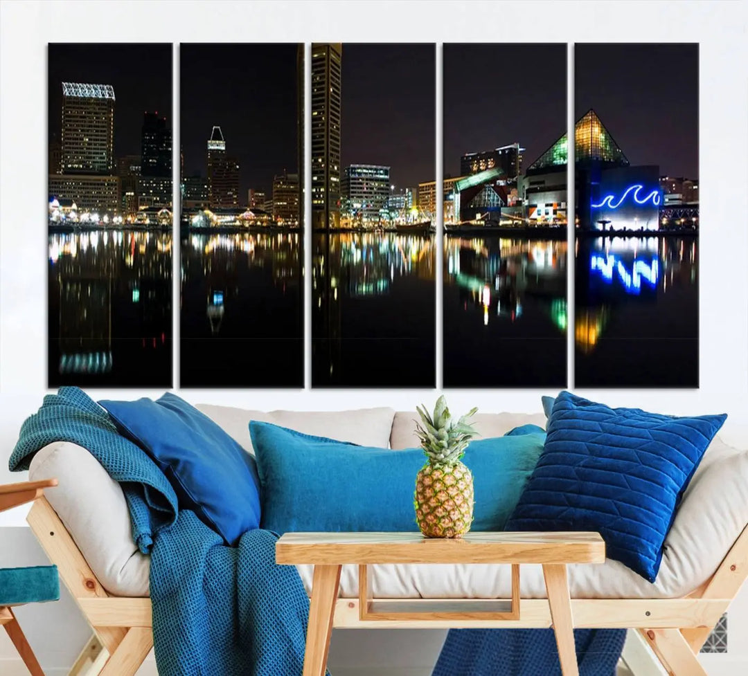 A triptych artwork, the "Baltimore City Night Skyline Cityscape View Wall Art Canvas Print," adorns the space. Crafted on museum-quality canvases, this piece exudes elegance and sophistication, transforming your space with the charm that only professional craftsmanship can bring.