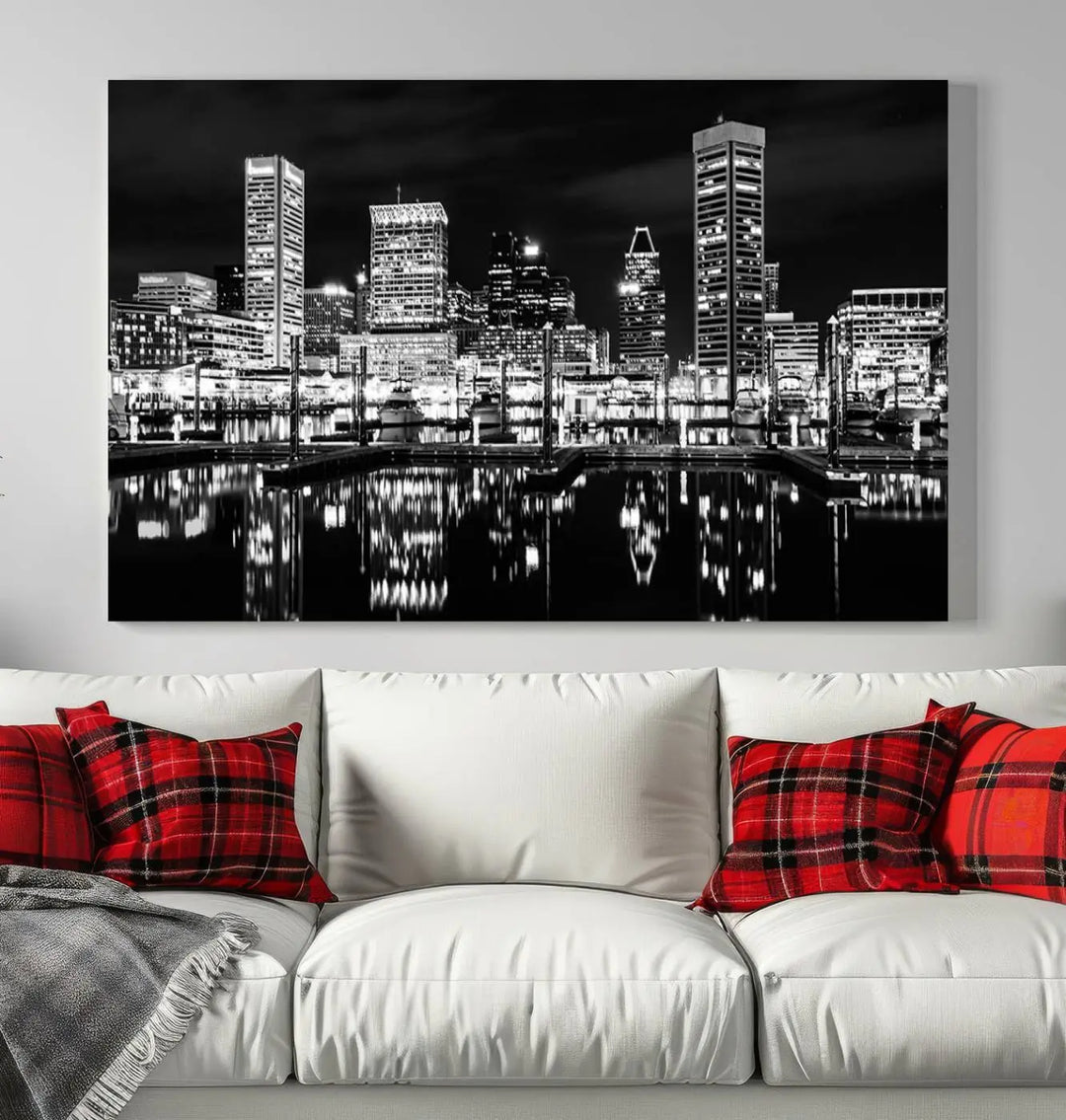 The Baltimore Skyline Wall Art, a black and white cityscape canvas print with a museum-quality polycotton finish, is displayed on the wall. This gallery-wrapped artwork includes a UV-protective coating to keep its colors vibrant and timeless.