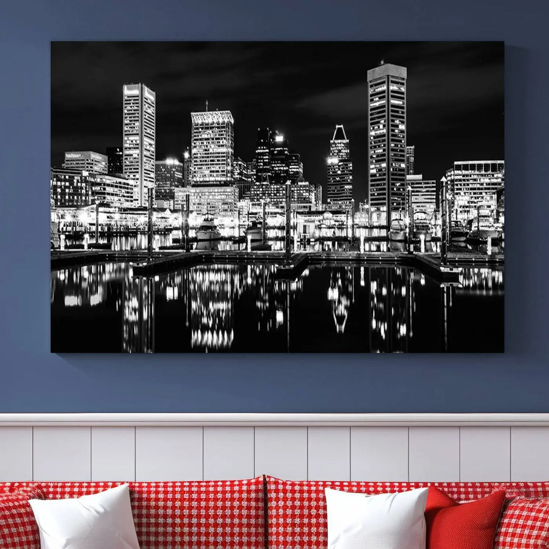 The Baltimore Skyline Wall Art, a black and white cityscape canvas print with a museum-quality polycotton finish, is displayed on the wall. This gallery-wrapped artwork includes a UV-protective coating to keep its colors vibrant and timeless.