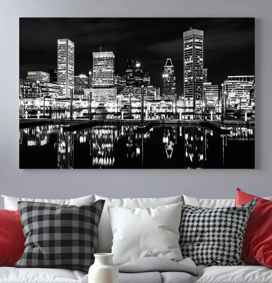 The Baltimore Skyline Wall Art, a black and white cityscape canvas print with a museum-quality polycotton finish, is displayed on the wall. This gallery-wrapped artwork includes a UV-protective coating to keep its colors vibrant and timeless.