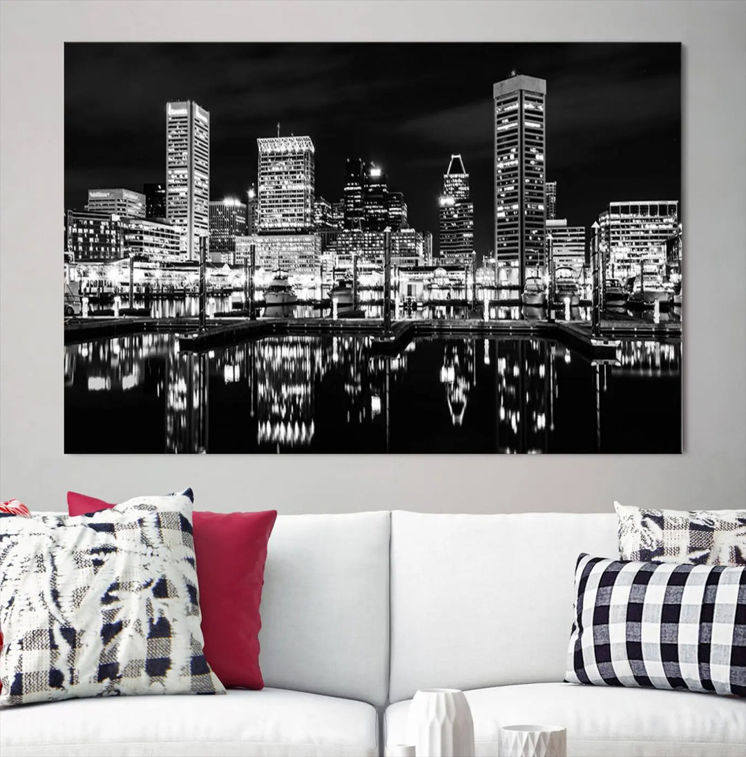 The Baltimore Skyline Wall Art, a black and white cityscape canvas print with a museum-quality polycotton finish, is displayed on the wall. This gallery-wrapped artwork includes a UV-protective coating to keep its colors vibrant and timeless.