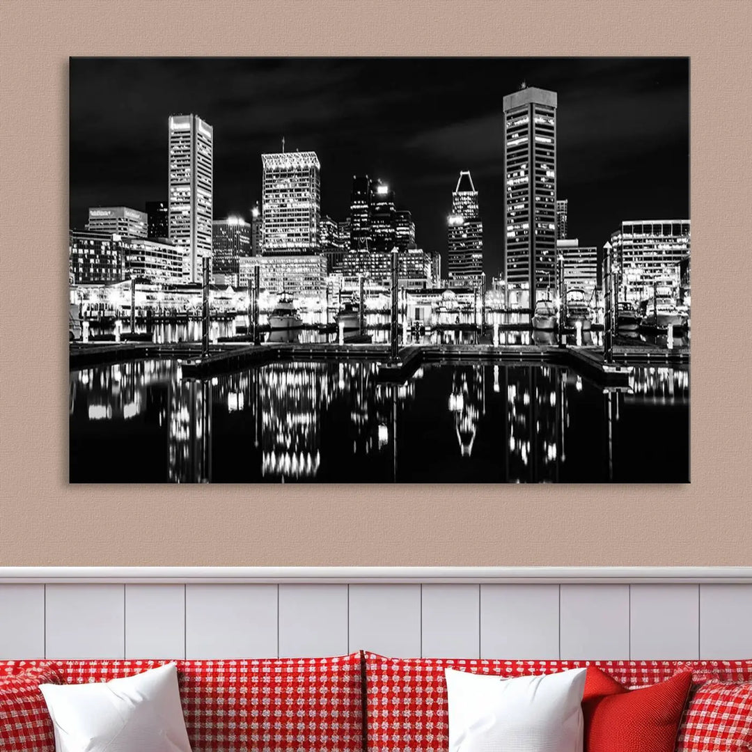 The Baltimore Skyline Wall Art, a black and white cityscape canvas print with a museum-quality polycotton finish, is displayed on the wall. This gallery-wrapped artwork includes a UV-protective coating to keep its colors vibrant and timeless.