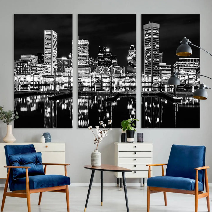 The Baltimore Skyline Wall Art, a black and white cityscape canvas print with a museum-quality polycotton finish, is displayed on the wall. This gallery-wrapped artwork includes a UV-protective coating to keep its colors vibrant and timeless.