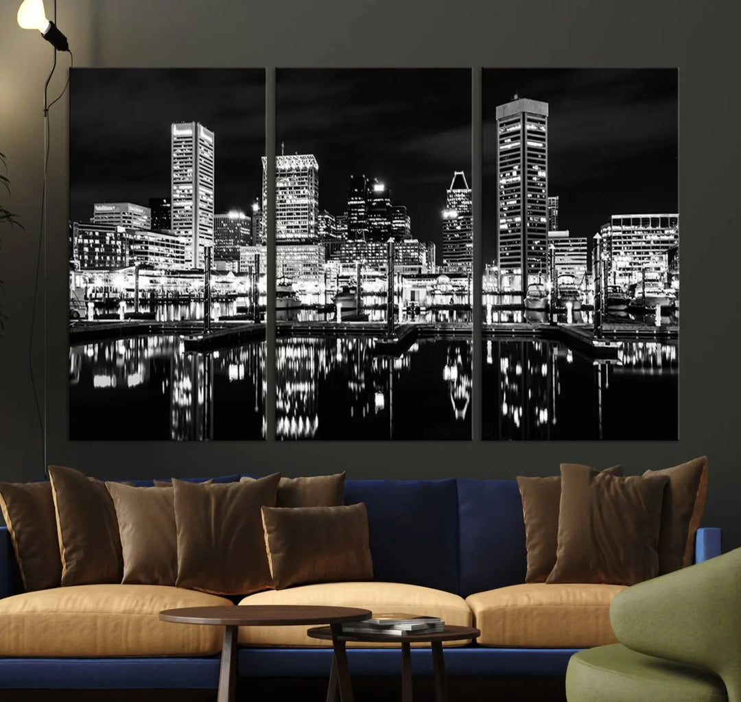 The Baltimore Skyline Wall Art, a black and white cityscape canvas print with a museum-quality polycotton finish, is displayed on the wall. This gallery-wrapped artwork includes a UV-protective coating to keep its colors vibrant and timeless.