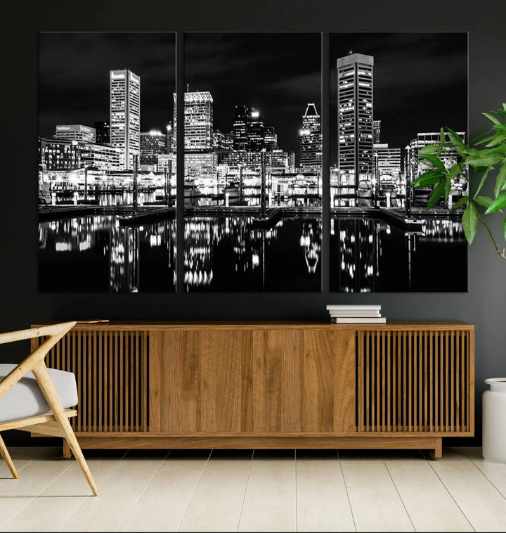 The Baltimore Skyline Wall Art, a black and white cityscape canvas print with a museum-quality polycotton finish, is displayed on the wall. This gallery-wrapped artwork includes a UV-protective coating to keep its colors vibrant and timeless.