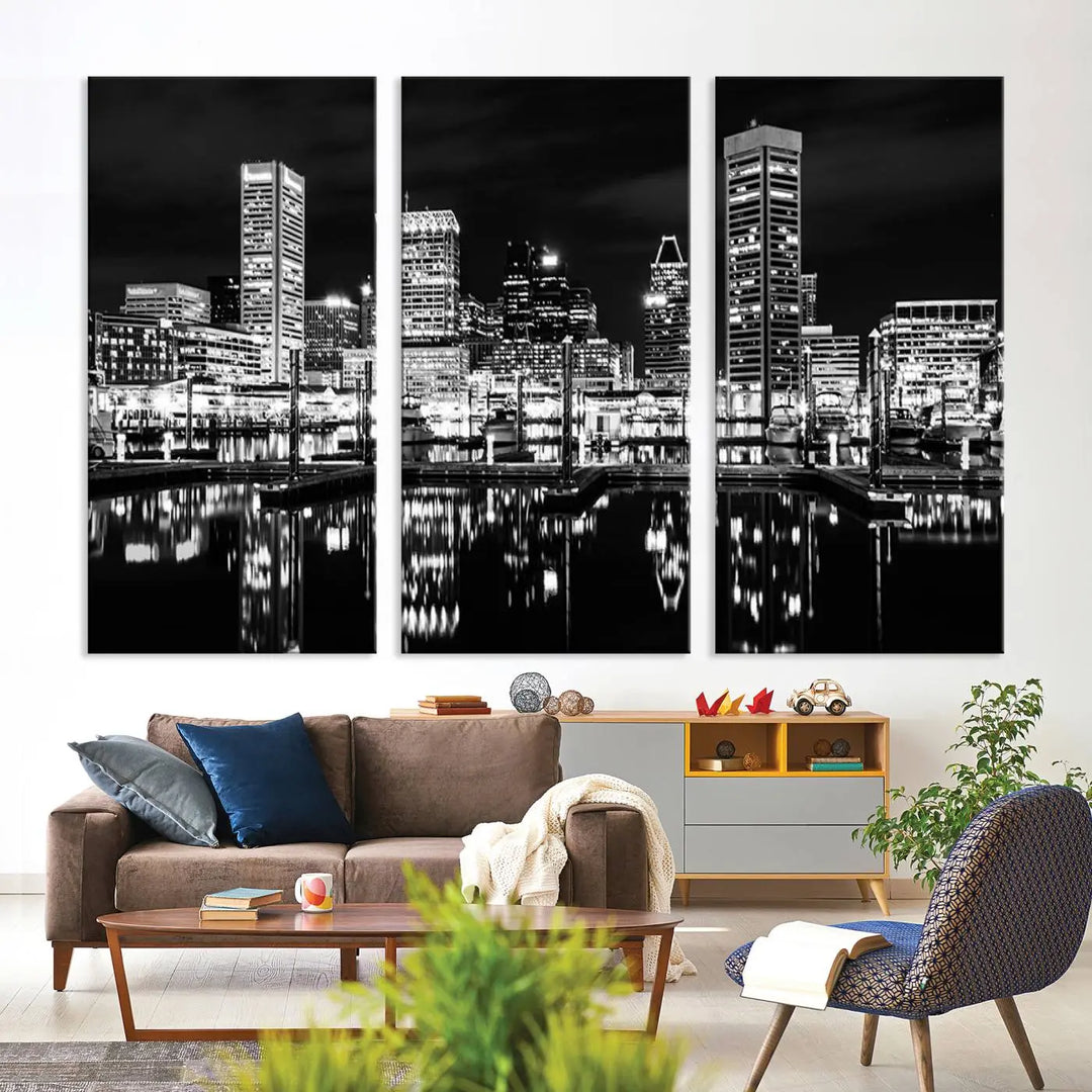 The Baltimore Skyline Wall Art, a black and white cityscape canvas print with a museum-quality polycotton finish, is displayed on the wall. This gallery-wrapped artwork includes a UV-protective coating to keep its colors vibrant and timeless.