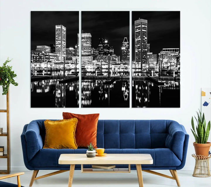 The Baltimore Skyline Wall Art, a black and white cityscape canvas print with a museum-quality polycotton finish, is displayed on the wall. This gallery-wrapped artwork includes a UV-protective coating to keep its colors vibrant and timeless.