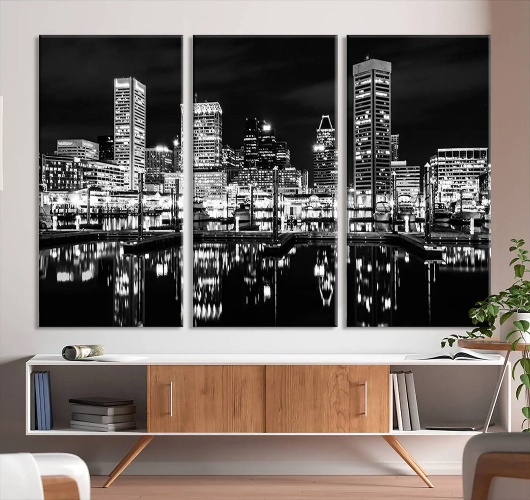 The Baltimore Skyline Wall Art, a black and white cityscape canvas print with a museum-quality polycotton finish, is displayed on the wall. This gallery-wrapped artwork includes a UV-protective coating to keep its colors vibrant and timeless.