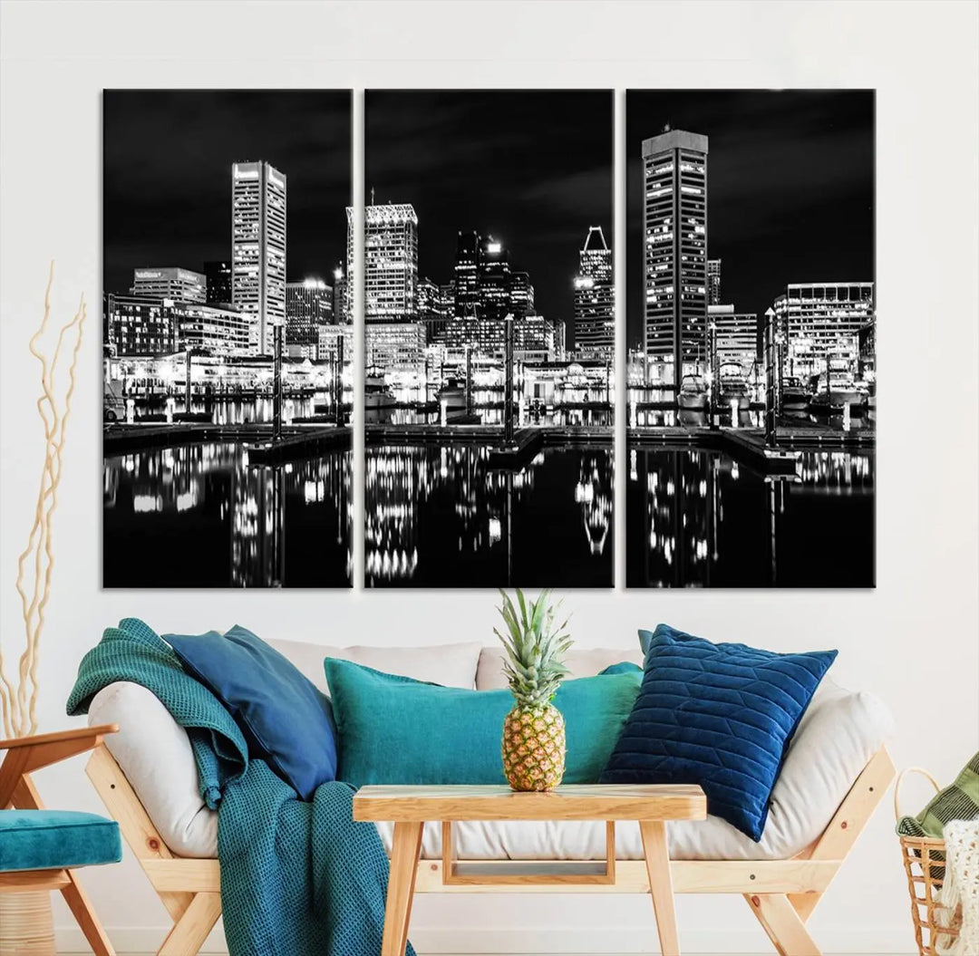 The Baltimore Skyline Wall Art, a black and white cityscape canvas print with a museum-quality polycotton finish, is displayed on the wall. This gallery-wrapped artwork includes a UV-protective coating to keep its colors vibrant and timeless.