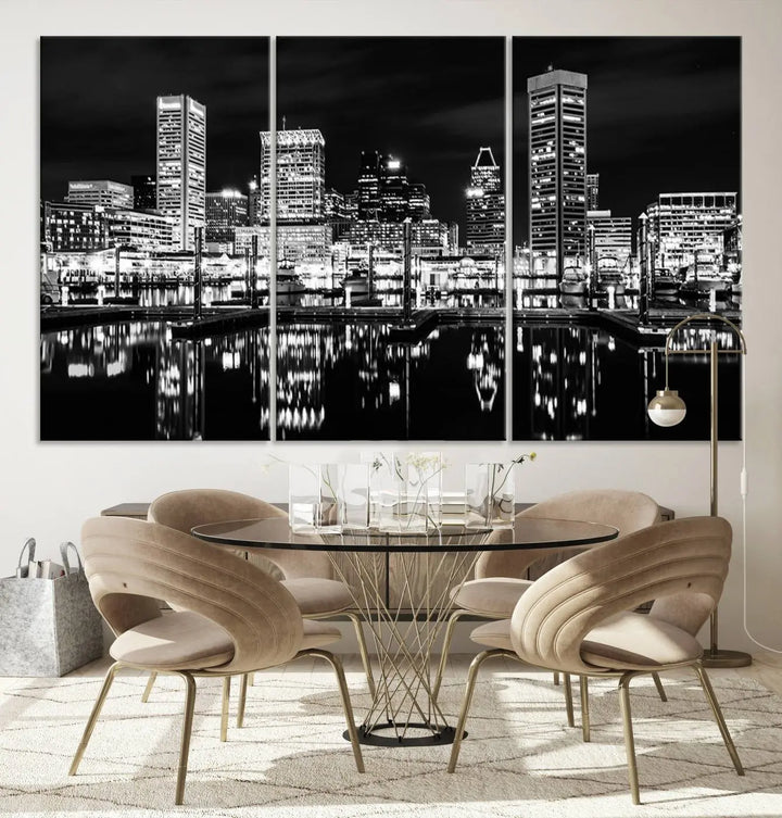 The Baltimore Skyline Wall Art, a black and white cityscape canvas print with a museum-quality polycotton finish, is displayed on the wall. This gallery-wrapped artwork includes a UV-protective coating to keep its colors vibrant and timeless.