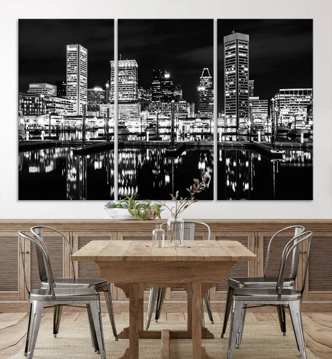 The Baltimore Skyline Wall Art, a black and white cityscape canvas print with a museum-quality polycotton finish, is displayed on the wall. This gallery-wrapped artwork includes a UV-protective coating to keep its colors vibrant and timeless.