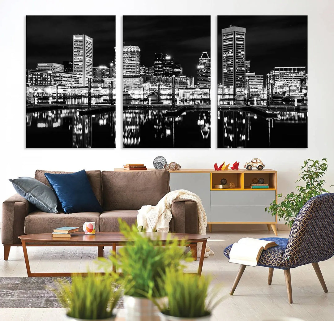 The Baltimore Skyline Wall Art, a black and white cityscape canvas print with a museum-quality polycotton finish, is displayed on the wall. This gallery-wrapped artwork includes a UV-protective coating to keep its colors vibrant and timeless.