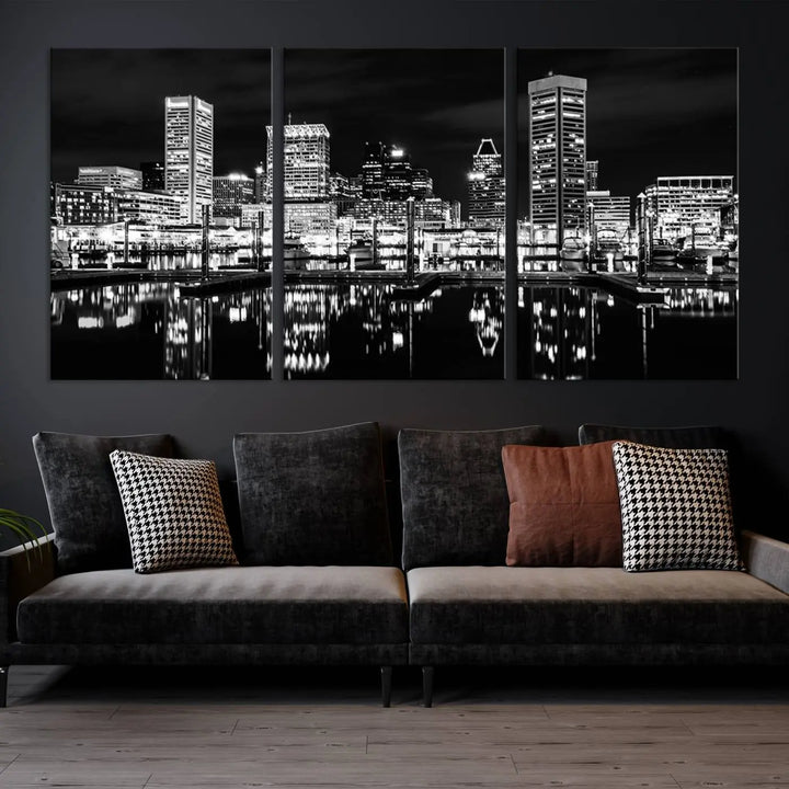 The Baltimore Skyline Wall Art, a black and white cityscape canvas print with a museum-quality polycotton finish, is displayed on the wall. This gallery-wrapped artwork includes a UV-protective coating to keep its colors vibrant and timeless.