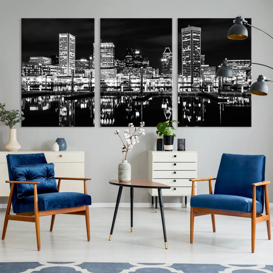 The Baltimore Skyline Wall Art, a black and white cityscape canvas print with a museum-quality polycotton finish, is displayed on the wall. This gallery-wrapped artwork includes a UV-protective coating to keep its colors vibrant and timeless.