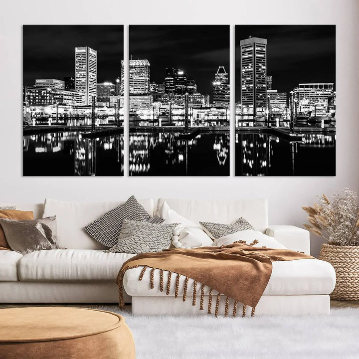 The Baltimore Skyline Wall Art, a black and white cityscape canvas print with a museum-quality polycotton finish, is displayed on the wall. This gallery-wrapped artwork includes a UV-protective coating to keep its colors vibrant and timeless.