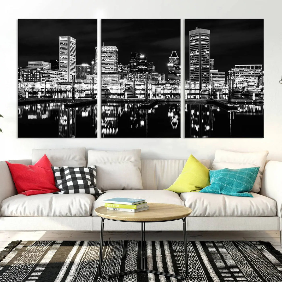 The Baltimore Skyline Wall Art, a black and white cityscape canvas print with a museum-quality polycotton finish, is displayed on the wall. This gallery-wrapped artwork includes a UV-protective coating to keep its colors vibrant and timeless.