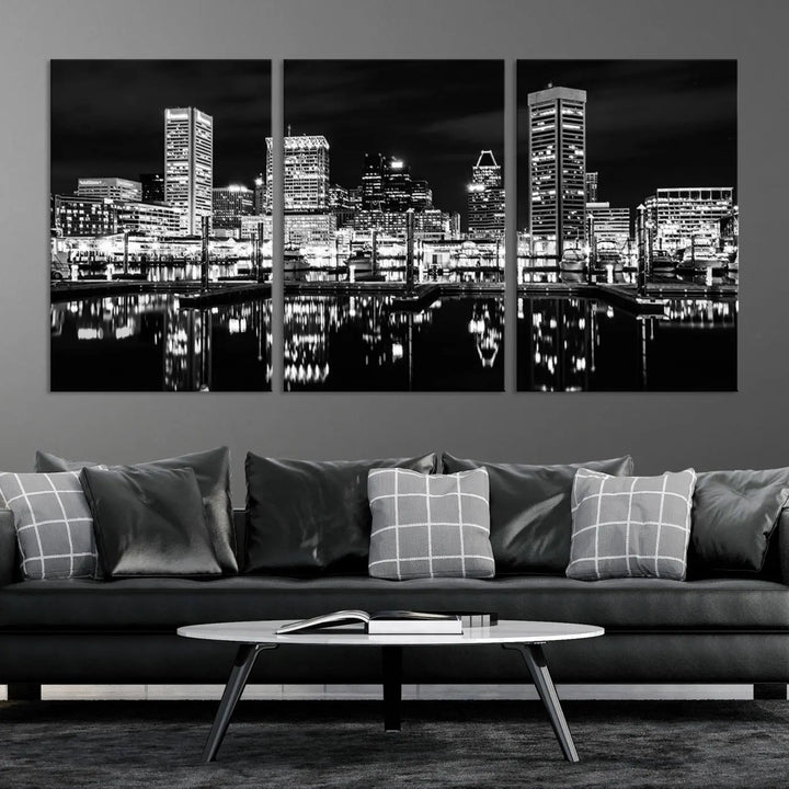 The Baltimore Skyline Wall Art, a black and white cityscape canvas print with a museum-quality polycotton finish, is displayed on the wall. This gallery-wrapped artwork includes a UV-protective coating to keep its colors vibrant and timeless.