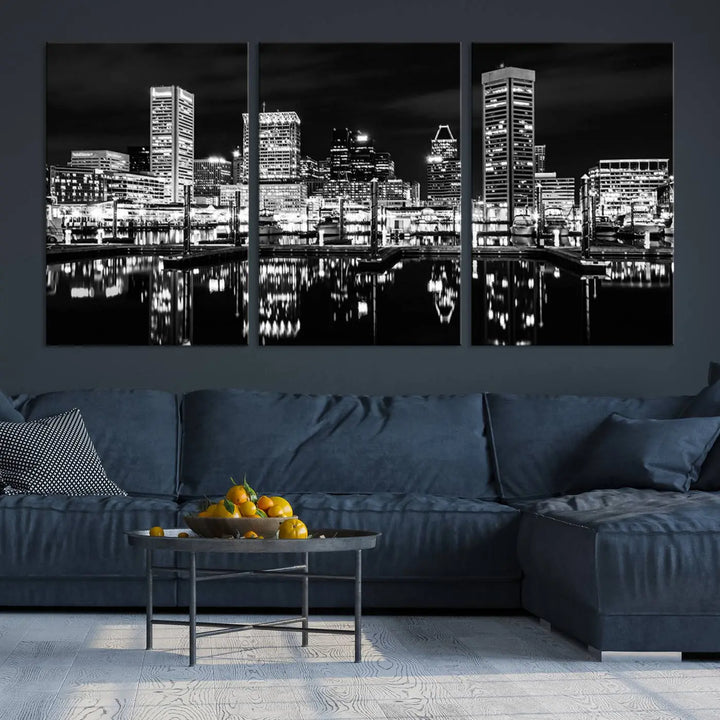 The Baltimore Skyline Wall Art, a black and white cityscape canvas print with a museum-quality polycotton finish, is displayed on the wall. This gallery-wrapped artwork includes a UV-protective coating to keep its colors vibrant and timeless.