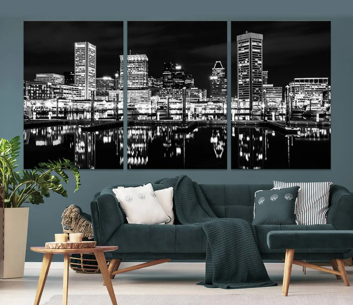 The Baltimore Skyline Wall Art, a black and white cityscape canvas print with a museum-quality polycotton finish, is displayed on the wall. This gallery-wrapped artwork includes a UV-protective coating to keep its colors vibrant and timeless.