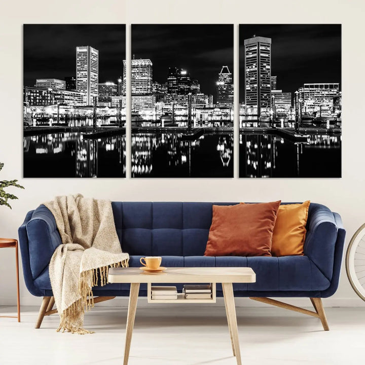 The Baltimore Skyline Wall Art, a black and white cityscape canvas print with a museum-quality polycotton finish, is displayed on the wall. This gallery-wrapped artwork includes a UV-protective coating to keep its colors vibrant and timeless.