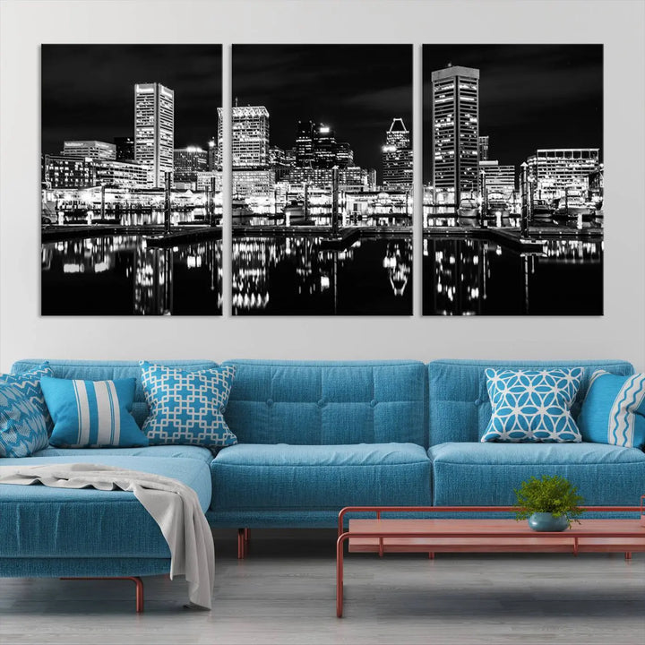 The Baltimore Skyline Wall Art, a black and white cityscape canvas print with a museum-quality polycotton finish, is displayed on the wall. This gallery-wrapped artwork includes a UV-protective coating to keep its colors vibrant and timeless.