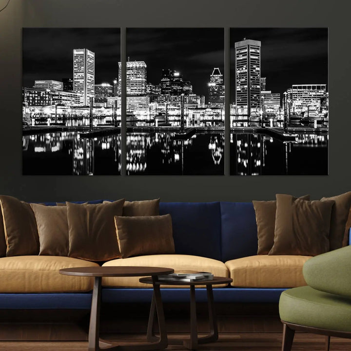 The Baltimore Skyline Wall Art, a black and white cityscape canvas print with a museum-quality polycotton finish, is displayed on the wall. This gallery-wrapped artwork includes a UV-protective coating to keep its colors vibrant and timeless.