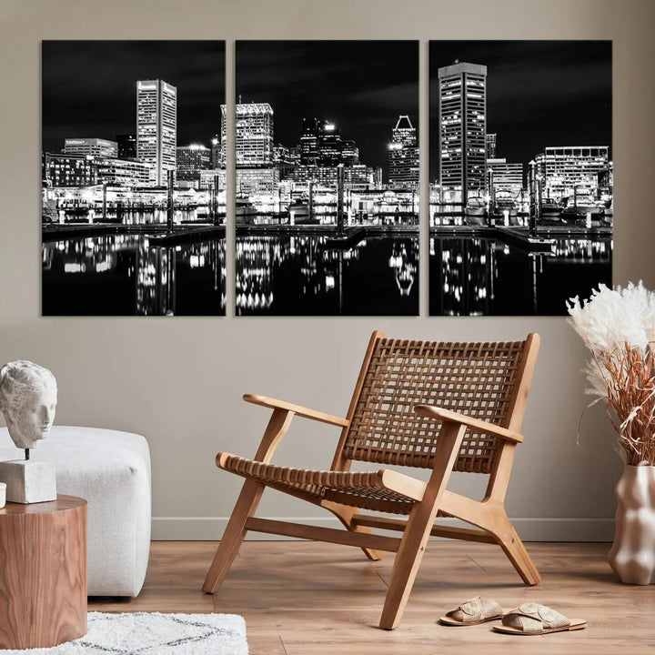 The Baltimore Skyline Wall Art, a black and white cityscape canvas print with a museum-quality polycotton finish, is displayed on the wall. This gallery-wrapped artwork includes a UV-protective coating to keep its colors vibrant and timeless.