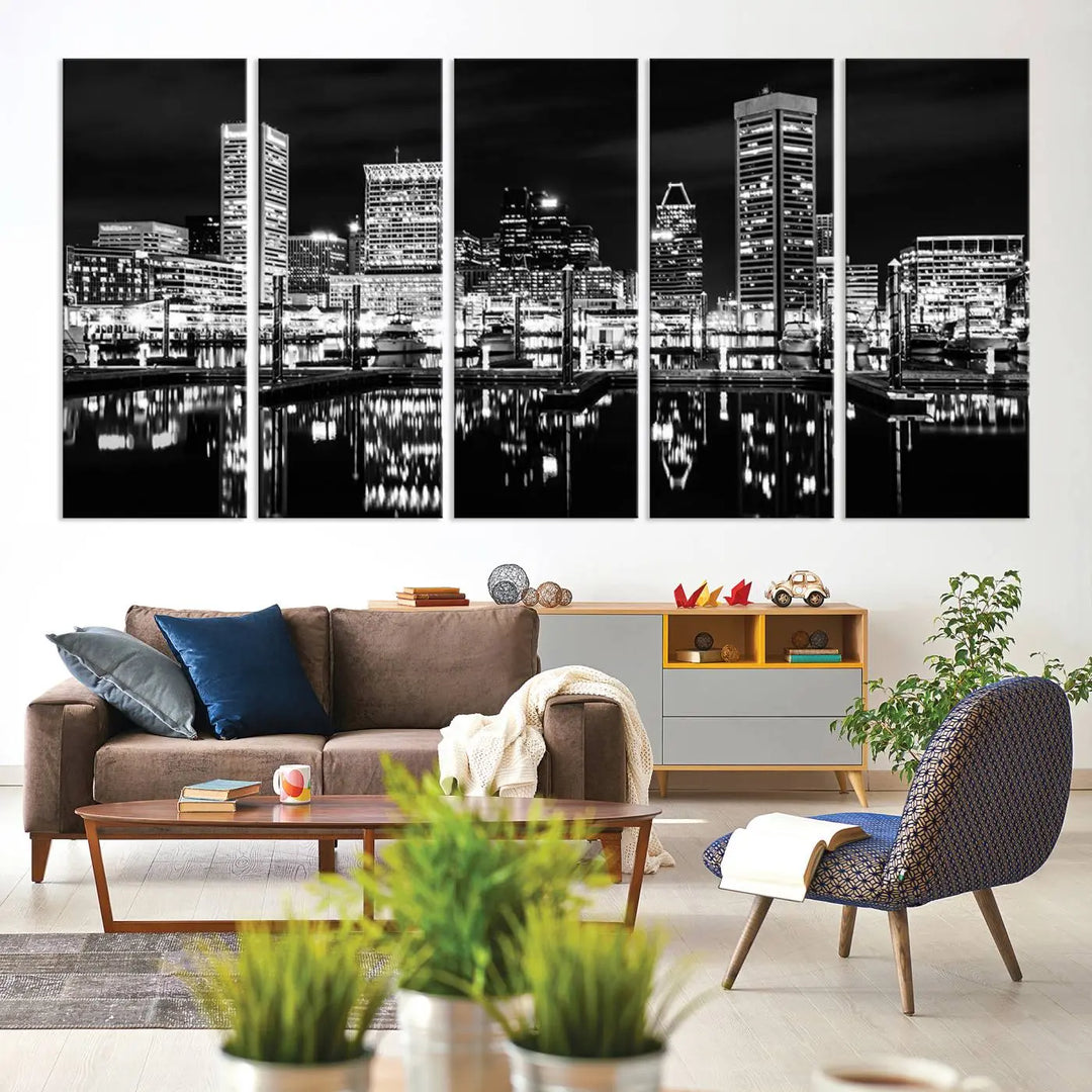 The Baltimore Skyline Wall Art, a black and white cityscape canvas print with a museum-quality polycotton finish, is displayed on the wall. This gallery-wrapped artwork includes a UV-protective coating to keep its colors vibrant and timeless.