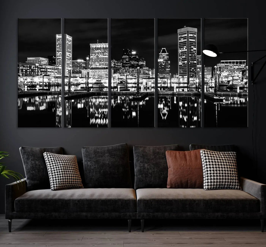 The Baltimore Skyline Wall Art, a black and white cityscape canvas print with a museum-quality polycotton finish, is displayed on the wall. This gallery-wrapped artwork includes a UV-protective coating to keep its colors vibrant and timeless.