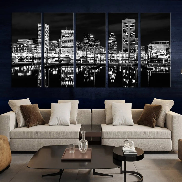 The Baltimore Skyline Wall Art, a black and white cityscape canvas print with a museum-quality polycotton finish, is displayed on the wall. This gallery-wrapped artwork includes a UV-protective coating to keep its colors vibrant and timeless.