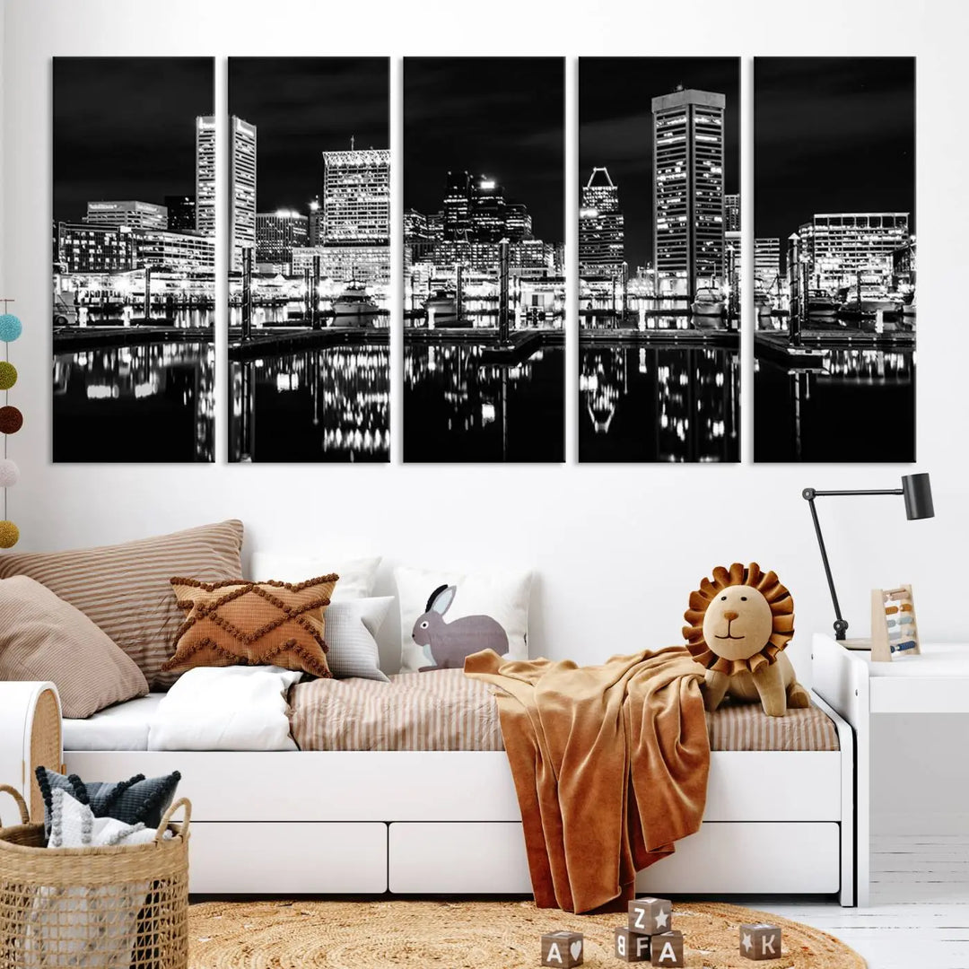 The Baltimore Skyline Wall Art, a black and white cityscape canvas print with a museum-quality polycotton finish, is displayed on the wall. This gallery-wrapped artwork includes a UV-protective coating to keep its colors vibrant and timeless.