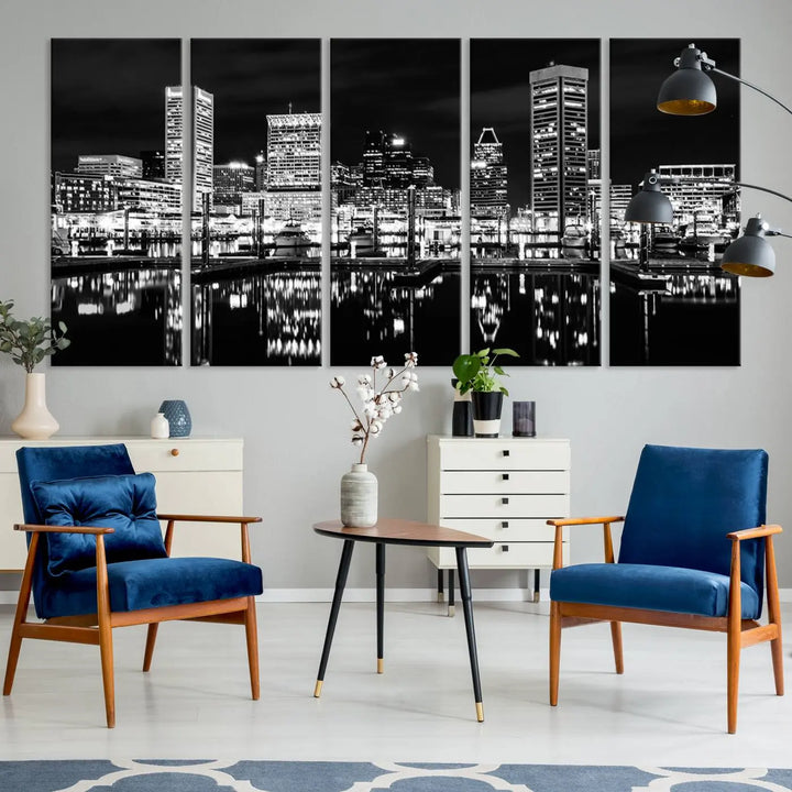 The Baltimore Skyline Wall Art, a black and white cityscape canvas print with a museum-quality polycotton finish, is displayed on the wall. This gallery-wrapped artwork includes a UV-protective coating to keep its colors vibrant and timeless.