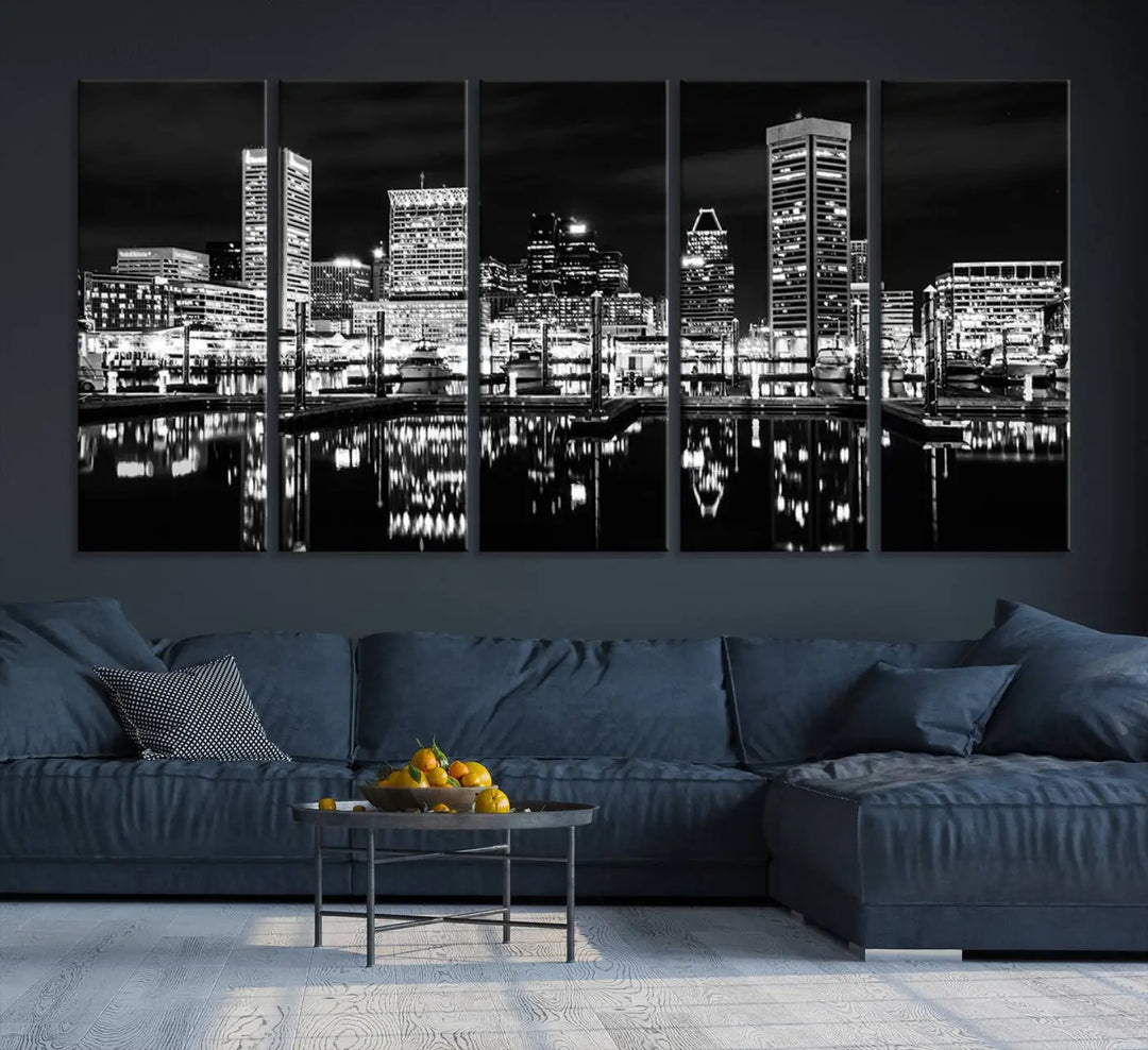 The Baltimore Skyline Wall Art, a black and white cityscape canvas print with a museum-quality polycotton finish, is displayed on the wall. This gallery-wrapped artwork includes a UV-protective coating to keep its colors vibrant and timeless.