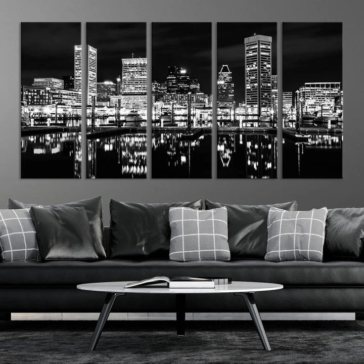 The Baltimore Skyline Wall Art, a black and white cityscape canvas print with a museum-quality polycotton finish, is displayed on the wall. This gallery-wrapped artwork includes a UV-protective coating to keep its colors vibrant and timeless.