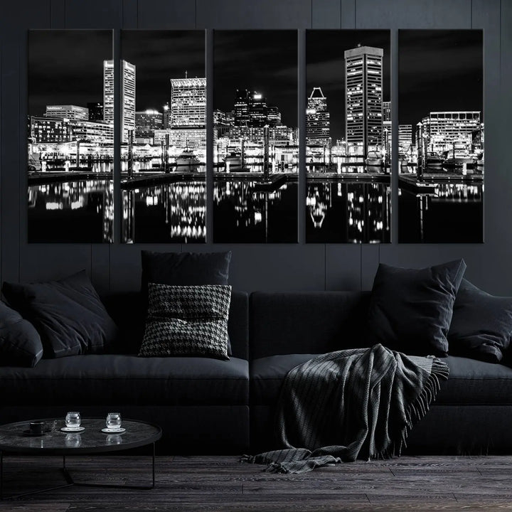 The Baltimore Skyline Wall Art, a black and white cityscape canvas print with a museum-quality polycotton finish, is displayed on the wall. This gallery-wrapped artwork includes a UV-protective coating to keep its colors vibrant and timeless.