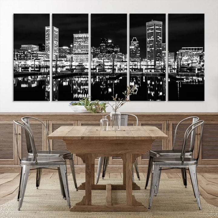 The Baltimore Skyline Wall Art, a black and white cityscape canvas print with a museum-quality polycotton finish, is displayed on the wall. This gallery-wrapped artwork includes a UV-protective coating to keep its colors vibrant and timeless.