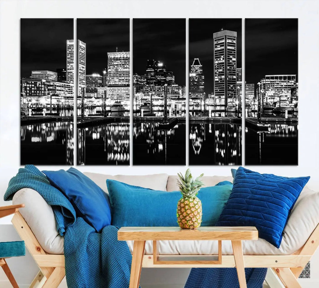 The Baltimore Skyline Wall Art, a black and white cityscape canvas print with a museum-quality polycotton finish, is displayed on the wall. This gallery-wrapped artwork includes a UV-protective coating to keep its colors vibrant and timeless.