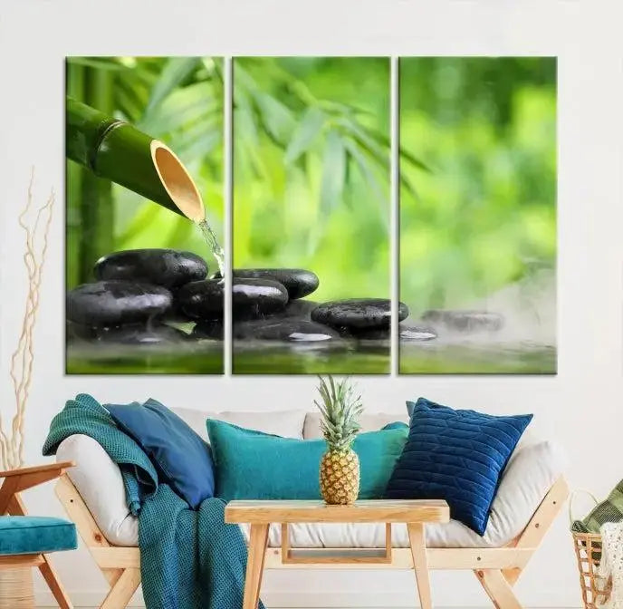 A three-panel Bamboo Water Stones Japanese Wall Art Canvas Print is elegantly displayed above the sofa.