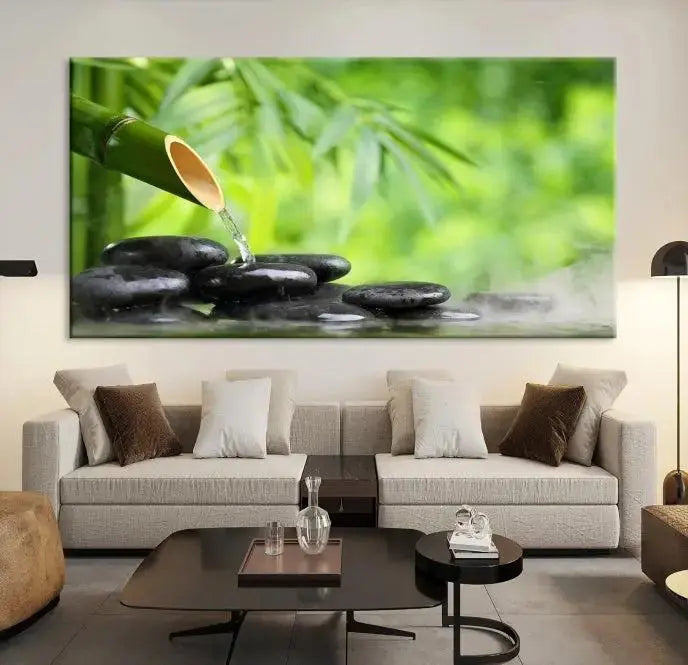 A three-panel Bamboo Water Stones Japanese Wall Art Canvas Print is elegantly displayed above the sofa.