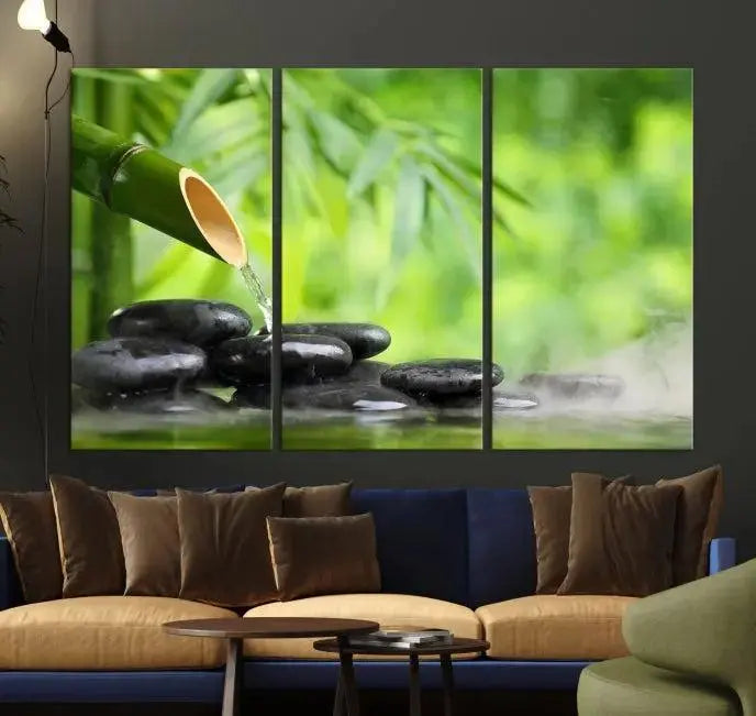 A three-panel Bamboo Water Stones Japanese Wall Art Canvas Print is elegantly displayed above the sofa.