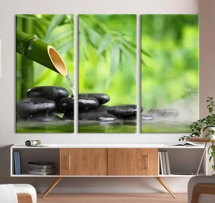 A three-panel Bamboo Water Stones Japanese Wall Art Canvas Print is elegantly displayed above the sofa.