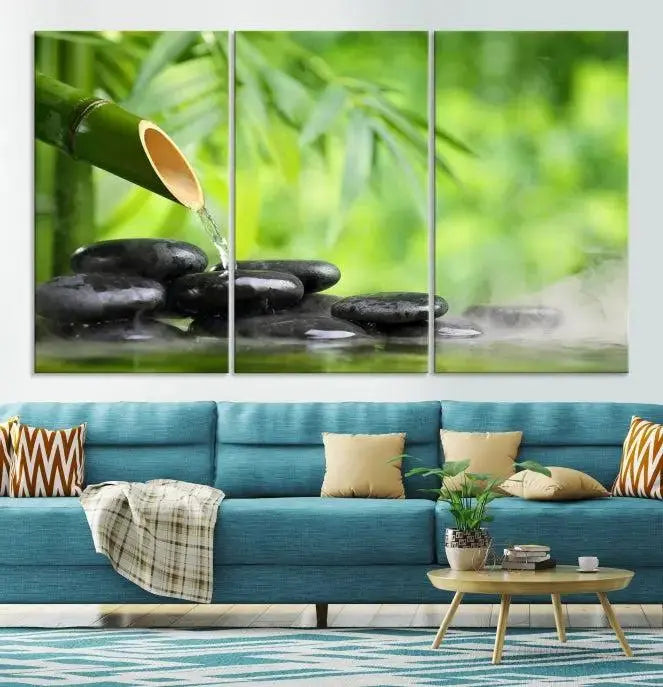 A three-panel Bamboo Water Stones Japanese Wall Art Canvas Print is elegantly displayed above the sofa.