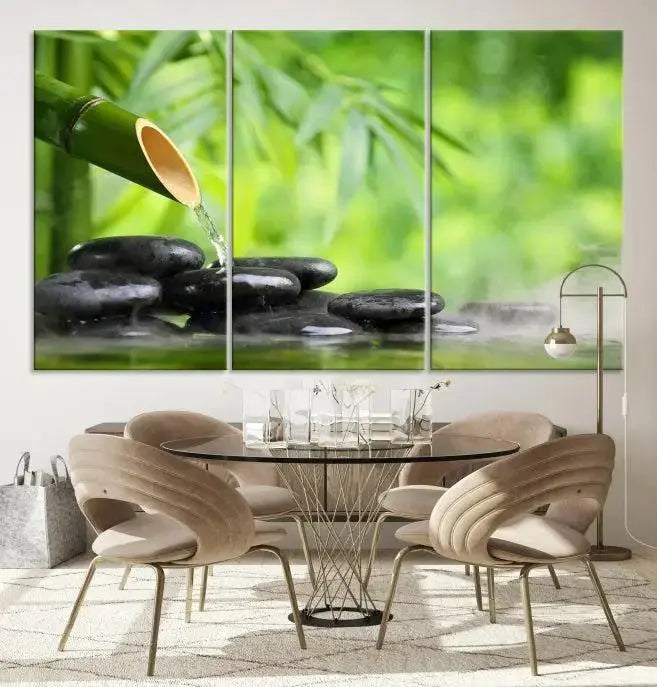 A three-panel Bamboo Water Stones Japanese Wall Art Canvas Print is elegantly displayed above the sofa.