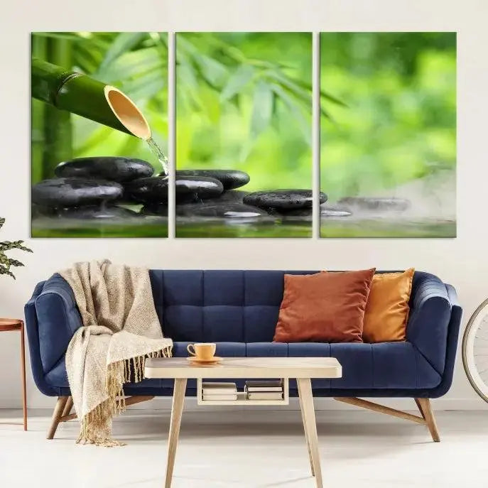 A three-panel Bamboo Water Stones Japanese Wall Art Canvas Print is elegantly displayed above the sofa.