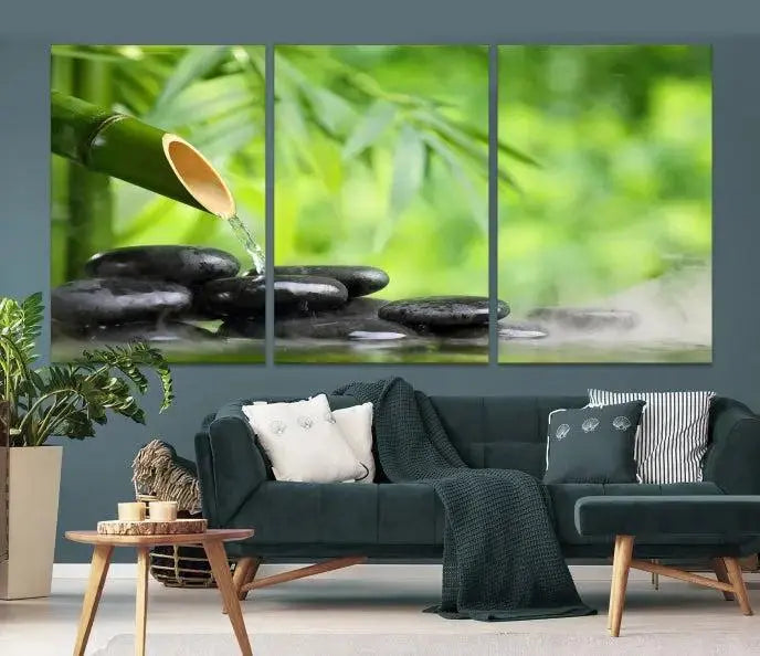 A three-panel Bamboo Water Stones Japanese Wall Art Canvas Print is elegantly displayed above the sofa.