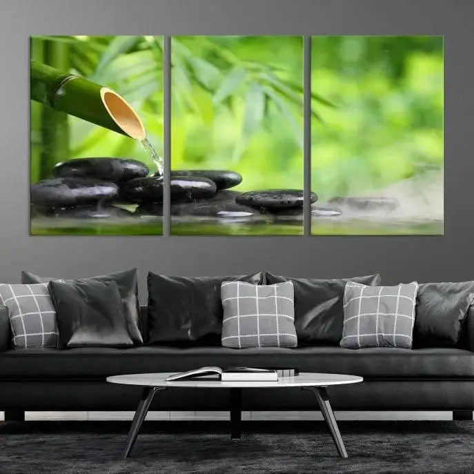 A three-panel Bamboo Water Stones Japanese Wall Art Canvas Print is elegantly displayed above the sofa.