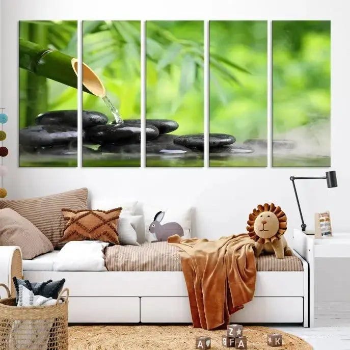 A three-panel Bamboo Water Stones Japanese Wall Art Canvas Print is elegantly displayed above the sofa.