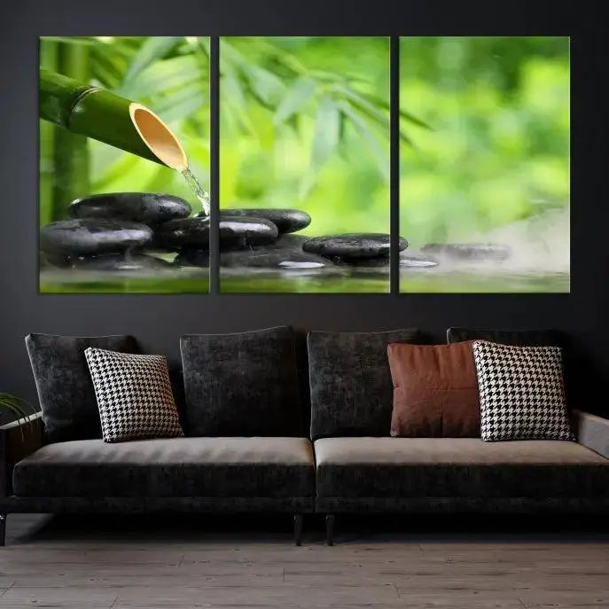 A three-panel Bamboo Water Stones Japanese Wall Art Canvas Print is elegantly displayed above the sofa.